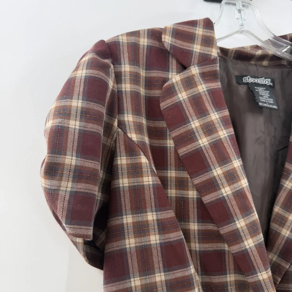 Stooshy Womens Plaid Y2K Short Sleeve Blazer Burgundy Brown Metallic Gold Large - Picture 7 of 12